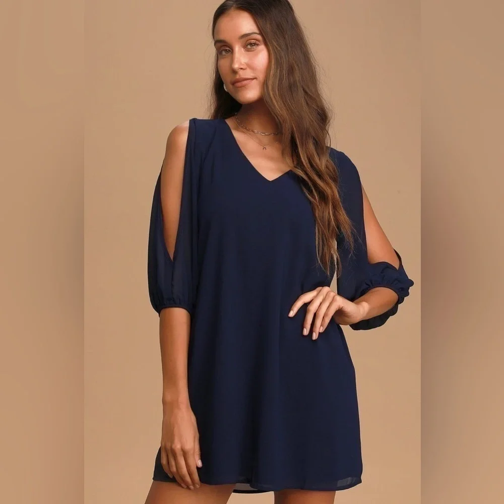 NWT Lulu’s | Shifting Dears Long Sleeve Dress Navy Blue XS - Picture 1 of 11